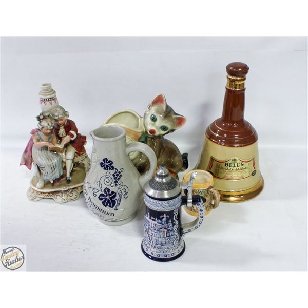 POTTERY, DECANTER + STEINS ASSORTMENT