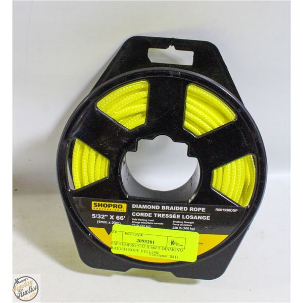 NEW SHOPRO 5/32 X 66FT DIAMOND BRAIDED ROPE YELLOW