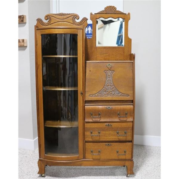Antique Glass Front Oak Cabinet.