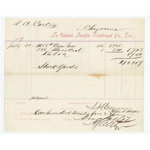 W.A. Carter 1877 Omaha Stockyards Receipt