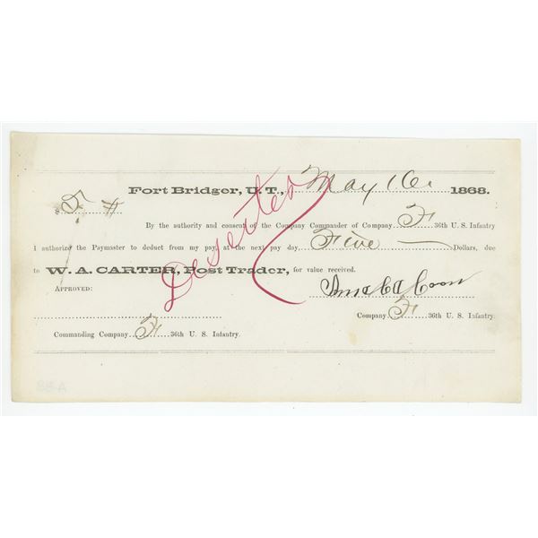 1868 Fort Bridger Utah Territory Pay Day Note