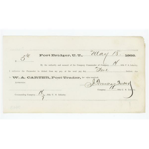 1868 Fort Bridger Utah Territory Pay Day Note