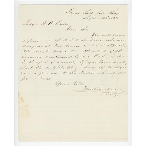 1867 Letter To WA Carter Utah Territory