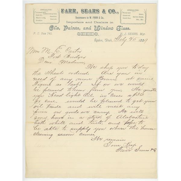 1889 Farr & Sears Ogden Utah Letterhead