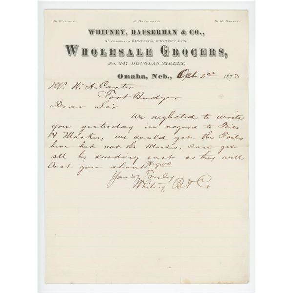 1873 Whitney & Bauserman Omaha Nebraska Letterhead