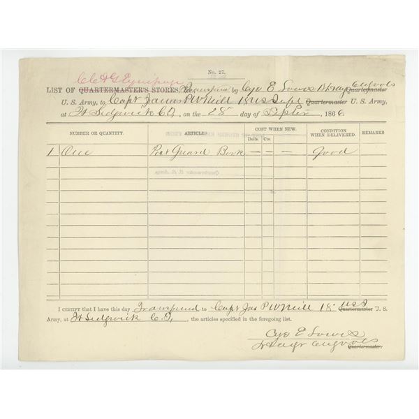 1866 Fort Sedgwick Colorado Quartermaster Receipt