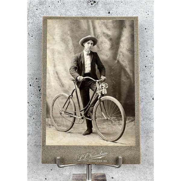 Man with Bicycle and Carbide Lamp Cabinet Photo