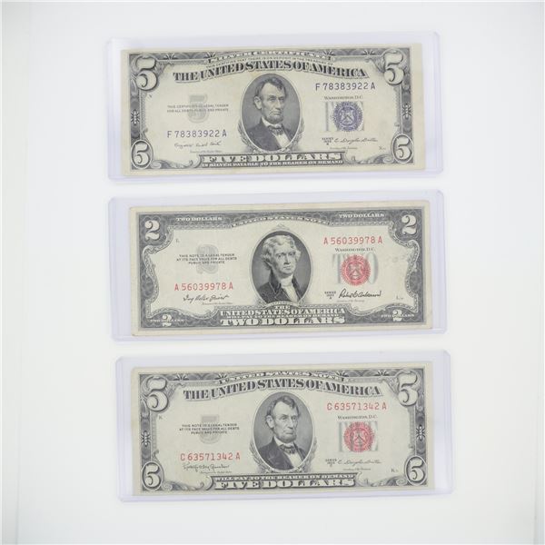 3pc 1953 United States $2 and $5 Silver Certificate Banknotes