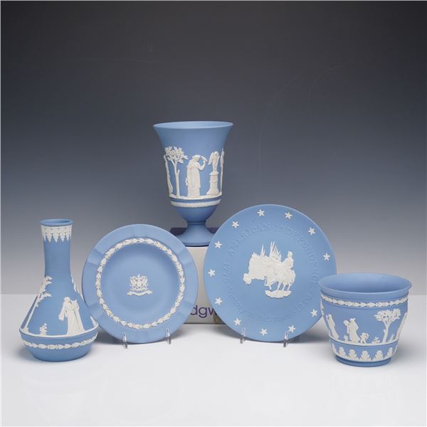5pc Wedgwood Blue Jasperware Vases, Flower Pot, Ashtray, Yorktown Plate