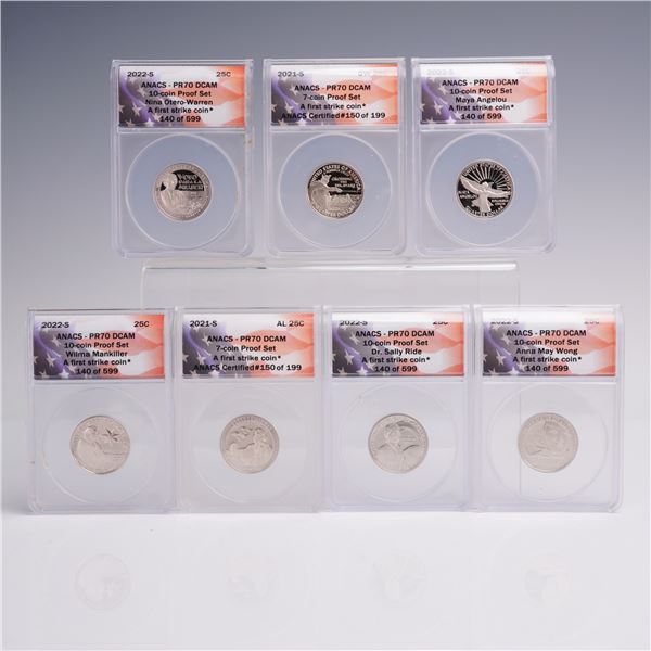 7pc 2021-S & 2022-S Washington Quarter Dollar Coins ANACS Graded PR 70 DCAM