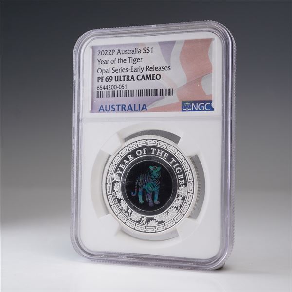 2022-P AU$ Year of The Tiger Silver Opal Coin PCGS Graded PR 69 Ultra Cameo