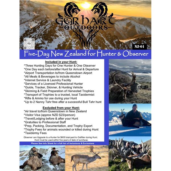 NEW ZEALAND FIVE DAYS FOR 1 HUNTER AND 1 OBSERVER