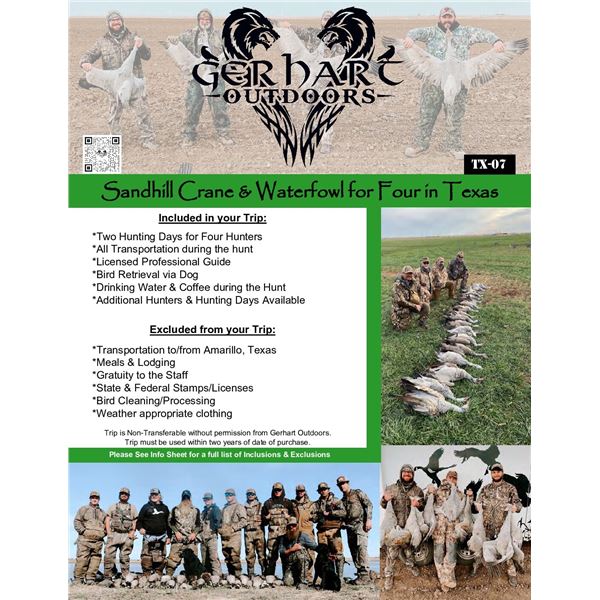 TEXAS SANDHILL CRANE HUNT FOR UP TO 4 HUNTERS / 2 HUNTING DAYS