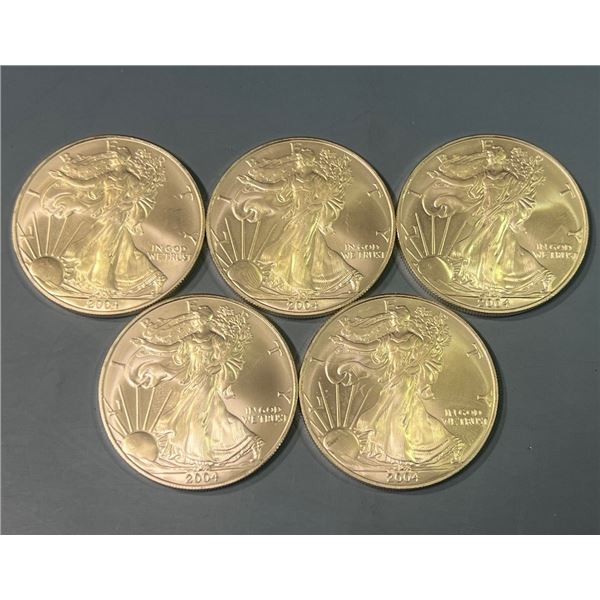 Lot of 5 - 2004 American Eagle 1oz Silver Dollars