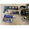 Image 3 : TRAY OF STAINLESS DOOR HARDWARE, CAULKING AND GUN, EAR PROTECTION ETC