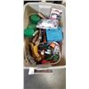 Image 1 : TOTE OF ASSORTED TOOLS AND SHOP SUPPLY INCL;UDING BATTERY CHARGER, JUMPER CABLES HAND TOOLS AND MORE