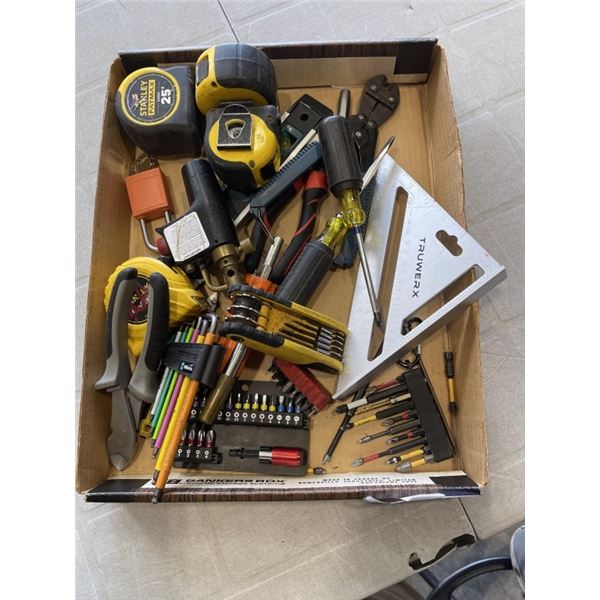 TRAY OF ASSORTED HAND TOOLS, BITS, TAPE MEASURES  AND MORE