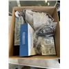 Image 2 : BOX AND CRATE OF HOUSEHOLD ITEMS - NEW KITCHEN TIMERS, STRAIGHT JACKET, CURTAIN, ELECTRONICS, ETC