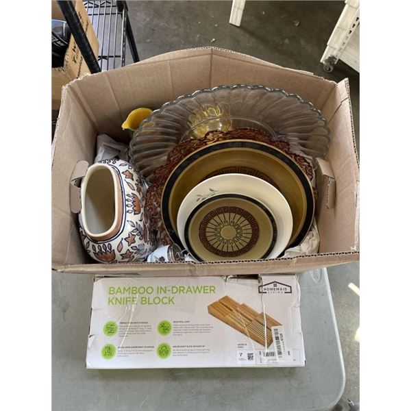LOT OF DESIGNER PLATES AND BOWLS AND NEW BAMBOO KNIFE BLOCK