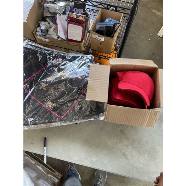 LOT OF CURTAINS AND CUSHION COVERS, AND 12 NEW RED BALL CAPS