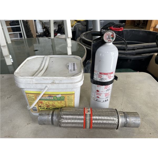 JERRY CAN, EXTINGUSHER, FLEXIBLE EXHAUST VENT. FAN AND BUCKET OF NAILS