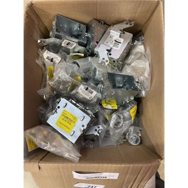 BOX OF NEW METAL INSERT ADAPTERS, COPPER COUPLINGS GANG DEVICE BOXES AND MORE