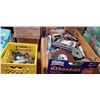 Image 1 : CRATE AND TRAY OF ASSORTED TOOLS, BLADES, SANDING DISCS, ETC