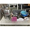 Image 1 : TRAY OF STRAINERS, WORKING GRIDDLE, AND AERVOID THERMAL HOT/COLD DISPENSER MISSING LID