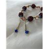 Image 2 : VINTAGE GOLD AND ENAMEL GARNETS STONE BEADS W/ ROSE QUARTZ LINKS BRACELET W/ 2 DANGLE CHARMS