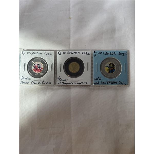 3 SPECIAL CANADIAN TOONIES 2022 HOCKEY, 2022 IN MEMORY OF QUEEN ELIZABETH II AND 2025