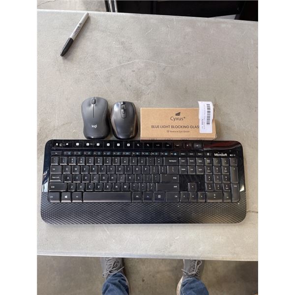 KEYBOARD, 2 MICE, AND BLUE LIGHT GLASSES