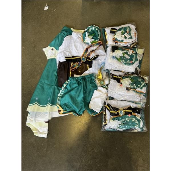 5 NEW LADIES MEDIUM COSTUMES WITH CAPE, HAT, STOCKINGS, BOW, SHORTS AND SHIRT