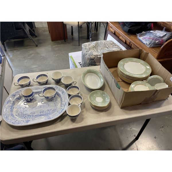 LOT OF ENGLISH CHINA AND BLUE WILLOW PLATTER ANS CUPS