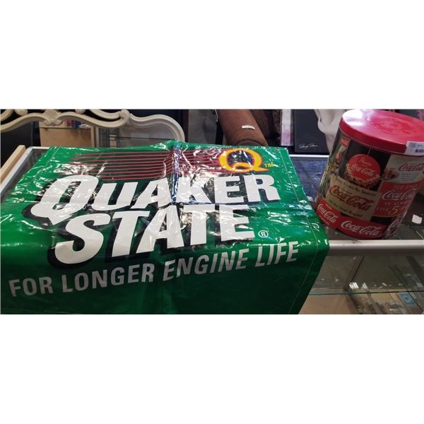 COCA COLA TIN WITH ASSORTED COLLECTIBLES AND MILLER BANNER