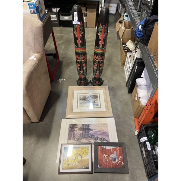 4 FRAMED PRINTS - 2 SIGNED AND 2 WOODEN MASKS