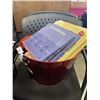 Image 1 : RED METAL BIN WITH NEW HOT PLATES, WEDGWOD PLATES, CANDLES ETC