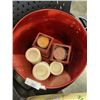 Image 3 : RED METAL BIN WITH NEW HOT PLATES, WEDGWOD PLATES, CANDLES ETC