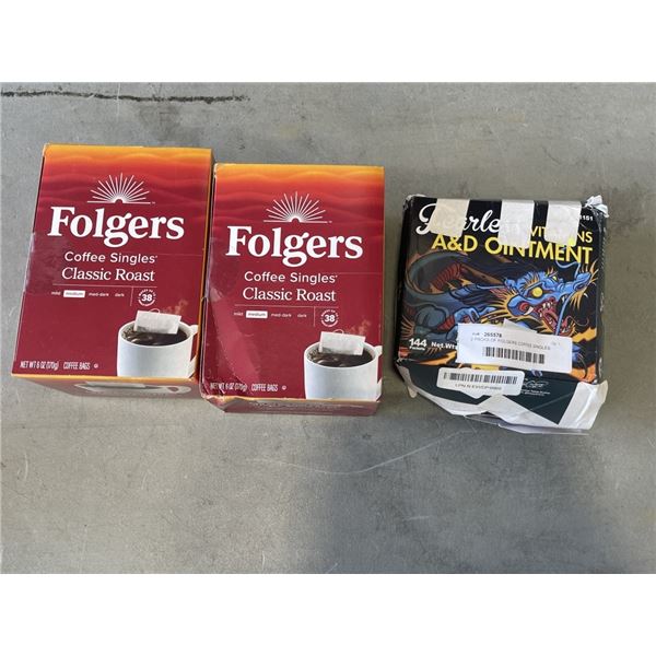 2 PACKS OF FOLGERS COFFEE SINGLES, AND BOX OF FEARLESS VITAMINS A&D OINTMENT