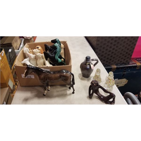ASSORTED ANIMAL AND FIGURINES FROM BLUE MOUNTAIN POTTERY, ART GLASS ETC