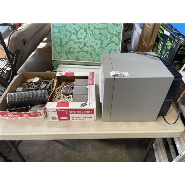 TRAY OF ASSORTED HARWARE AND RCA HOME STEREO SPEAKER SET