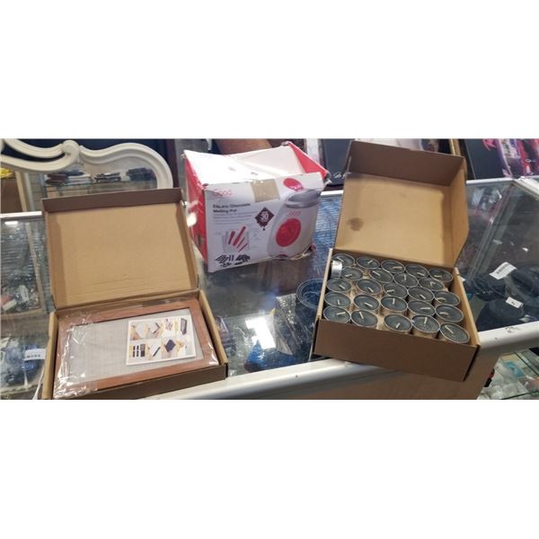 ELECTRIC CHOCOLATE MELTING POT AND BOX OF TEA LIGHTS