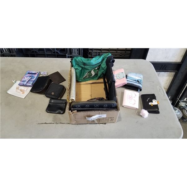 ASSORTED WALLETS AND SASKATCHEWAN ROUGH RIDERS HAND WARMER, ETC