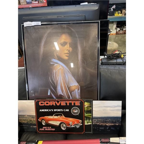 MCM ARTWORK OF LADY, PANORAMIC PRINT AND TIN SIGNS