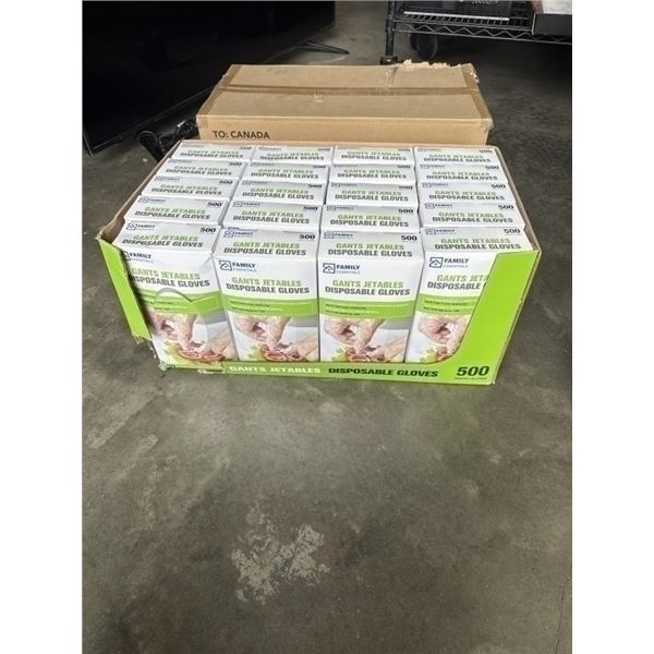 CASE OF NEW DISOPSABLE GLOVES, ONE SIZE FITS MOST, 500 PER BOX, 20 BOXES PER CASE, 10,000 GLOVES TOT