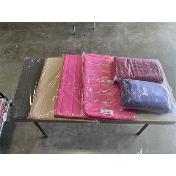 NEW BATH MATTS AND TOWELS, 2 28X56 INCH BATH TOWELS, 1 40X70 BEACH TOWEL, 2 23.5 X 35.5 SOFT FOAM BA
