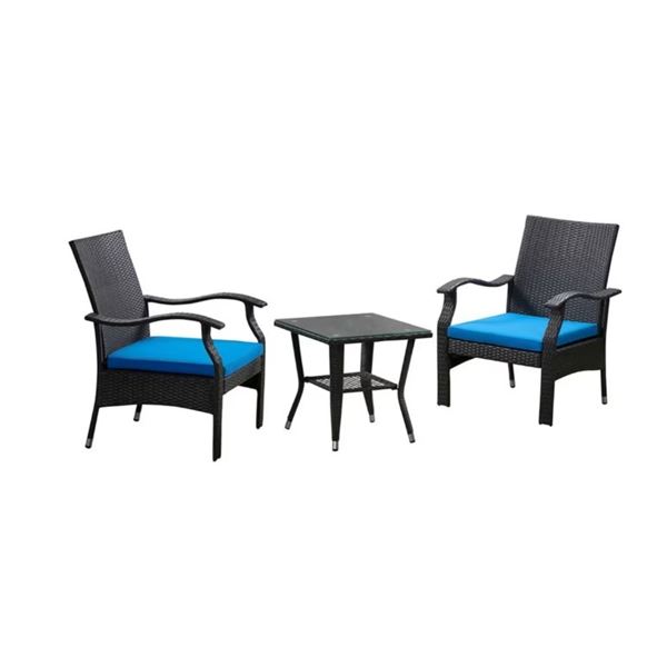 BRAND NEW PATIO FLARE 'WHYLIE' 3PC CHAT SET WITH BLUE CUSHIONS, RETAIL $669