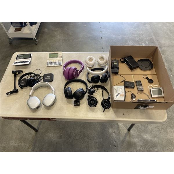 ASSORTED LOST PROPERTY ELECTRONICS INCLUDING TRANSLATORS AND HEADPHONES, ETC