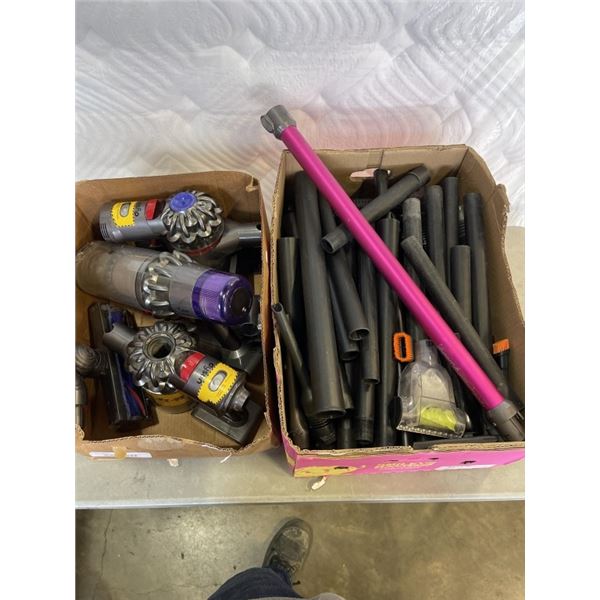 2 BOXES OF DYSON AND VACUUM PARTS - 1 DYSON WORKS, NO CHARGERS