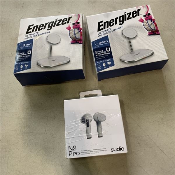 2 ENERGIZER ULTIMATE WIRELESS 3 IN 1 CHARGER STANDS AND SUDIO N2 PRO GREY WIRELESS BLUETOOTH EARBUDS