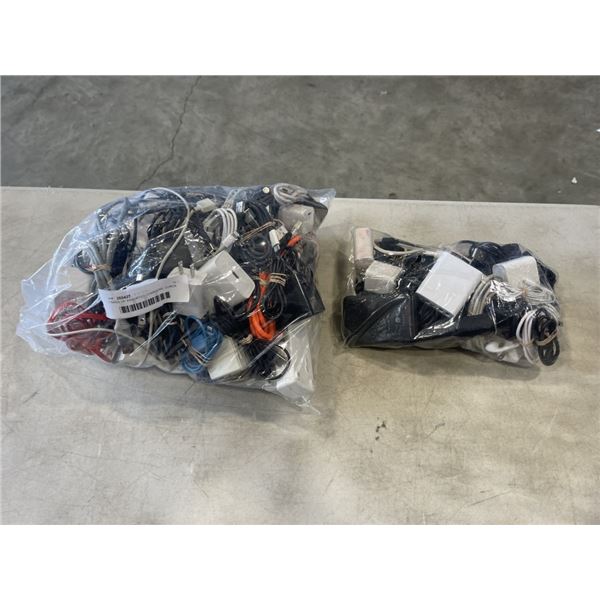 2 BAGS OF ASSORTED CHARGERS, CORDS AND CABLES